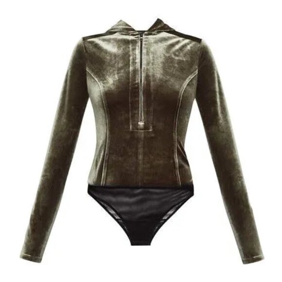 BCBG MAX AZRIA HOODED BODY VELVET OLIVE - Picture 1 of 10